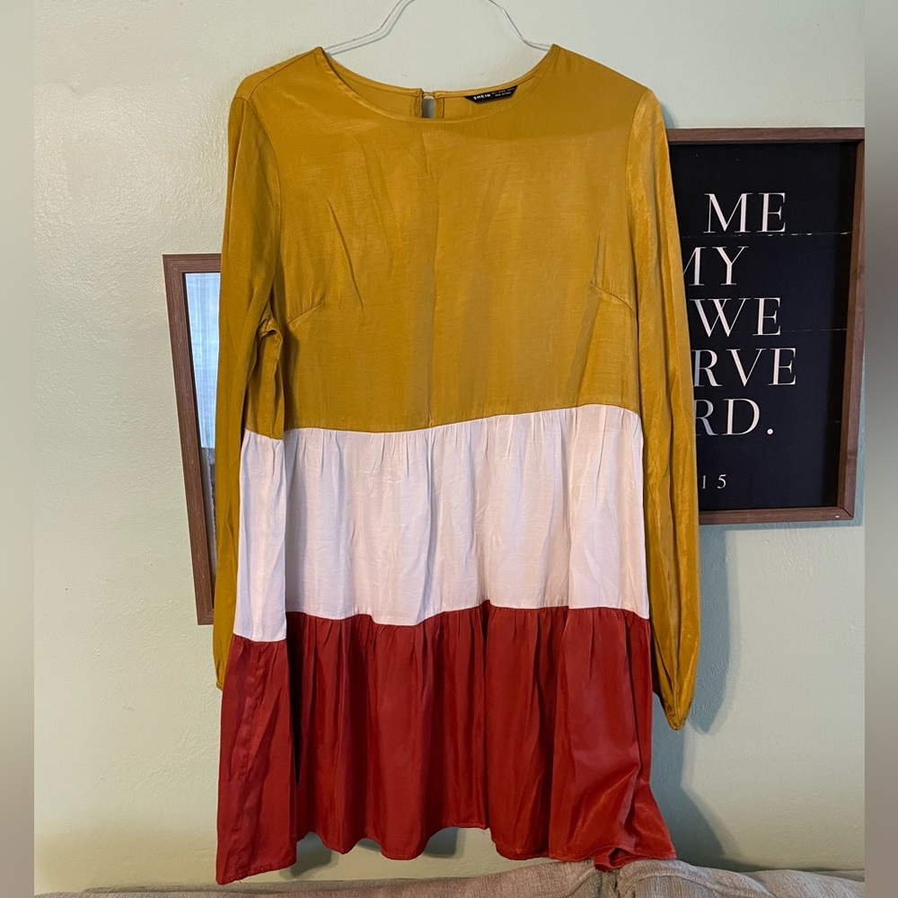 SHEIN Mustard, White, and Rust Colorblock Midi Dress
